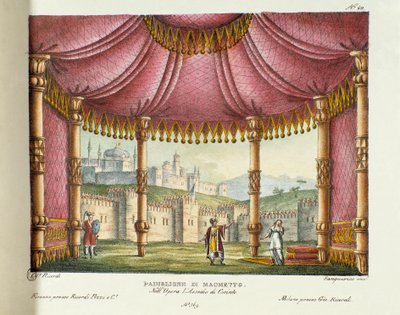 Muhammeds pavillon (Akt II) Scenografi til opførelsen på Teatro alla scala i Milano i 1829 af operaen "Belejringen af ​​Korinth" (eller Belejringen af ​​Korinth) af Gioacchino Rossini (eller Gioachino) (1826). Litografi i "" Samling af opfindelser af Alessandro Sanquirico