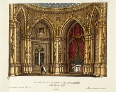 Soveværelset til Elmire (eller Elmiro) Scenografi til operaen "" Otello"" af Gioacchino Rossini (eller Gioachino) (1816) efter William Shakespeares stykke "Othello or the Moor of Venice") 1830 (litografi) af Alessandro Sanquirico