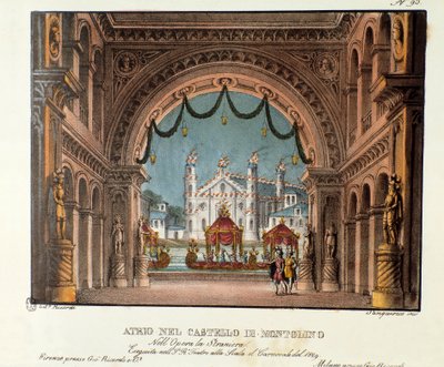 Forhallen på slottet Montolino i Bretagne Scenografi til opførelsen på Teatro alla scala i 1829 af operaen "La straniera" "(1828) af Vincenzo Bellini. Litografi i "" Samling af naturskønne opfindelser fra 1830 af Alessandro Sanquiri af Alessandro Sanquirico