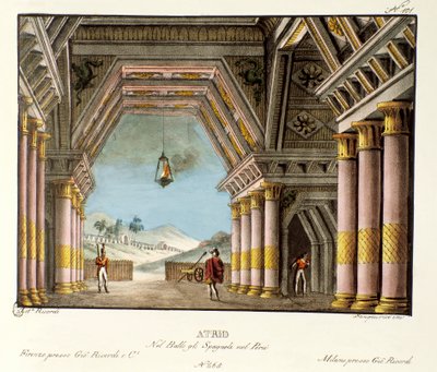 Udsigt over et stort paladsrum Scenografi til balletten "" Spanierne i Peru "" af den italienske koreograf Giovanni Galzerani (1780-1865) (1828). Litografi i "" Samling af naturskønne opfindelser fra 1830 af Alessandro Sanquirico (1777-1849) ". Milanesisk  af Alessandro Sanquirico
