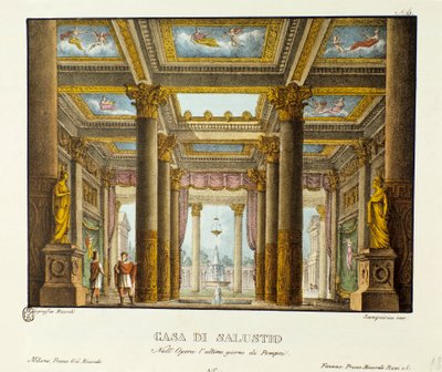 Udsigt over House of Salustio (Saluste) Scenografi til repræsentationen af ​​Giovanni Pacinis "The Last Day of Pompei" (The Last Day of Pompei). Litografi i "" Samling af naturskønne opfindelser fra 1830 af Alessandro Sanquirico (1777-1849) ". Milano af Alessandro Sanquirico