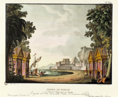Udsigt over den romerske lejr Scenografi til balletten "" Octavian in Egypt "" af den italienske koreograf Giovanni Galzerani (1780-1865) (1828). Litografi i "" Samling af naturskønne opfindelser fra 1830 af Alessandro Sanquirico (1777-1849) ". Milanesisk  af Alessandro Sanquirico