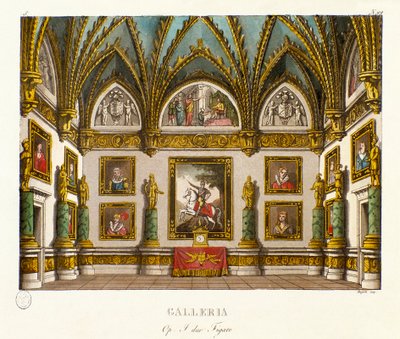 Udsigt over galleriet, der er dekoreret med malerier Scenografi til operaen "" I due figaro""" af den italienske komponist Giuseppe Saverio Raffaele Mercadante (1795-1870), efter stykket "" De to figaroer eller komedien" (1794) ) af Honore Francois Richaud af Alessandro Sanquirico