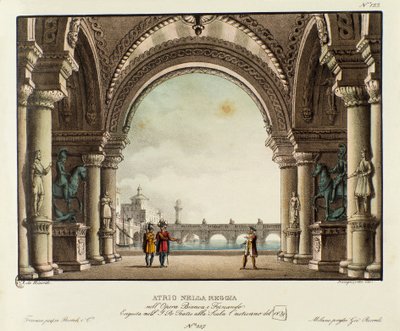 Udsigt over kongeslottets sal Scenografi til repræsentationen i 1829 af operaen "Bianca e Fernando" af Vincenzo Bellini (1826). Litografi i "" Samling af naturskønne opfindelser fra 1830 af Alessandro Sanquirico (1777-1849) ". Privat Milanese af Alessandro Sanquirico