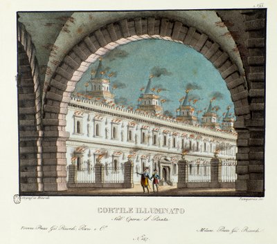 Udsigt over den store oplyste gårdsplads Scenografi til fremstilling af operaen Il pirata (Piraten) (1827) af Vincenzo Bellini. Litografi i "" Samling af naturskønne opfindelser fra 1830 af Alessandro Sanquirico (1777-1849) ". Milanesisk privat c af Alessandro Sanquirico