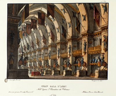 Udsigt over det store våbenrum Scenografi til fremstilling af operaen "I cavalieri di Valenza" af Giovanni Pacini og Gaetano Rossi (1828). Litografi i "" Samling af naturskønne opfindelser fra 1830 af Alessandro Sanquirico (1777-1849) ". Milanese s af Alessandro Sanquirico