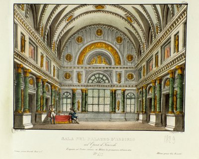 Udsigt over paladset for kongen af ​​Syracuse Argirio Scenografi til opførelsen i Milano i 1829 af operaen "Tancredi" (eller Tancrede) af Gioacchino Rossini (eller Gioachino) (1813) efter Voltaires stykke "Tancrede". Litografi i "" Samling af opfindelser af Alessandro Sanquirico