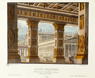 Udsigt over paladset, hvor offentlige høringer finder sted Scenografi til fremstilling af den lyriske tragedie "" Didone"" (Didon) (1783) af komponisten Niccolo Vito Piccinni (eller Piccini) efter operaen Metastasio (Metastase). Litografi i "" Raccolta af Alessandro Sanquirico