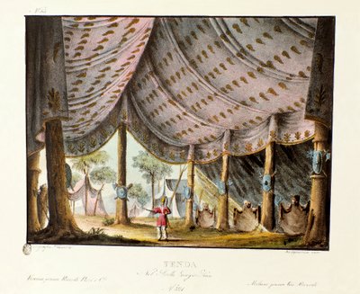 Udsigt over Djengis Khans kongelige telt Scenografi til balletten "" Genis-Kan "af den italienske koreograf Giovanni Galzerani (1780-1865) (1828). Litografi i "" Samling af naturskønne opfindelser fra 1830 af Alessandro Sanquirico (1777-1849) ". Milanese p af Alessandro Sanquirico