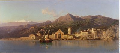 Udsigt over Taormina, Sicilien, med Etna i baggrunden, 1868 af Alessandro la Volpe