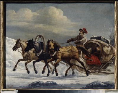 Trojka (slæde trukket af et hold på tre heste). Maleri af Alexander Osipovich Orlowski (1777-1832), olie på metal af Alexander Orlowski