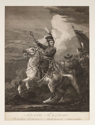 Portræt af grev Platov (1751-1818) til hest (gravering) af after Alexander Orlowski