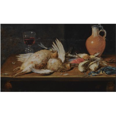 Et stilleben med en rødben, en isfugl, agerhøns og sangfugle, alt sammen på et træbord, sammen med et glas og en kande af lertøj af Alexander Adriaenssen