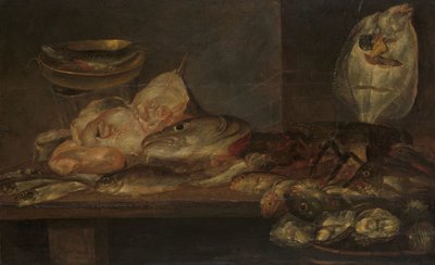 Stilleben med fisk og en hummer og østers på et bord i nærheden af Alexander Adriaenssen