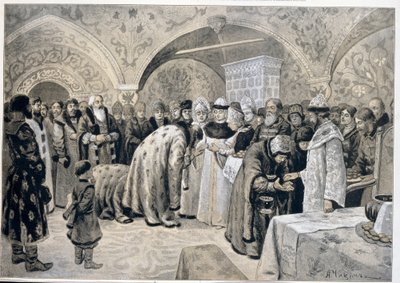 Tsarinaens modtagelse efter påskematinéerne. Værk af Alexander Andreyevich Chikin (1865-1924), litografi. russisk kunst af Alexander Andreyevich Chikin