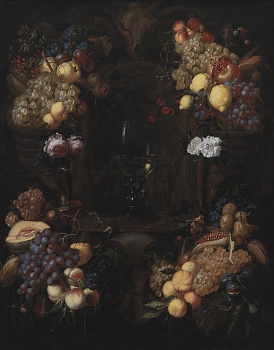 Cartouche med guirlander af frugt og et vinglas af Alexander Coosemans
