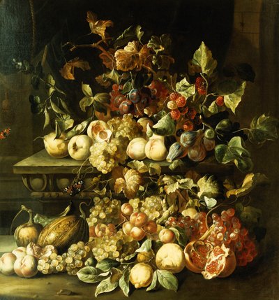 Druer, figner, hindbær og anden frugt på en stenkant, af Alexander Coosemans