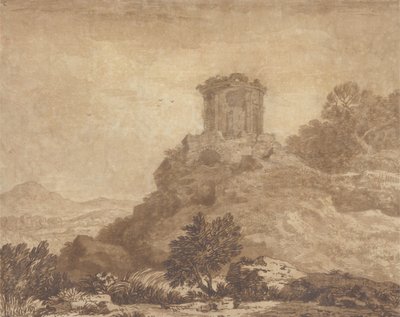 Landskab med et ødelagt tempel, ca. 1756 (grafit og vask på papir) af Alexander Cozens