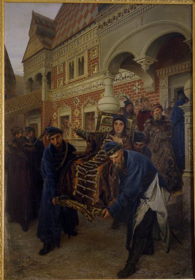 Boyarin Morozova. (Boyarynya Morozova). Feodosia Prokofiyevna Morozova (1632-1675), en ivrig tilhænger af den gamle troende ritual, aflagde klosterløfter under navnet Theodora. Hun beskrives under sin anholdelse af tilhængere af pat af Alexander Dimitrievitch Litovtchenko