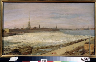Ice Drift på Neva-floden i Sankt Petersborg (Ice Drifting i Sankt Petersborg). I baggrunden Sankt Peter og Pauls katedral og fæstningen. Maleri af Alexander Dmitrievich Litovchenko (Litovchenko) (1835-1890), olie på lærred af Alexander Dimitrievitch Litovtchenko
