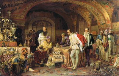 Ivan IV af Rusland demonstrerer sine skatte til ambassadøren for dronning Elizabeth I af England, 1875 af Alexander Dmitrievich Litovchenko