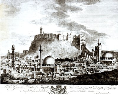 En udsigt over byen og slottet i Aleppo, Syrien, 1754 af Alexander Drummond