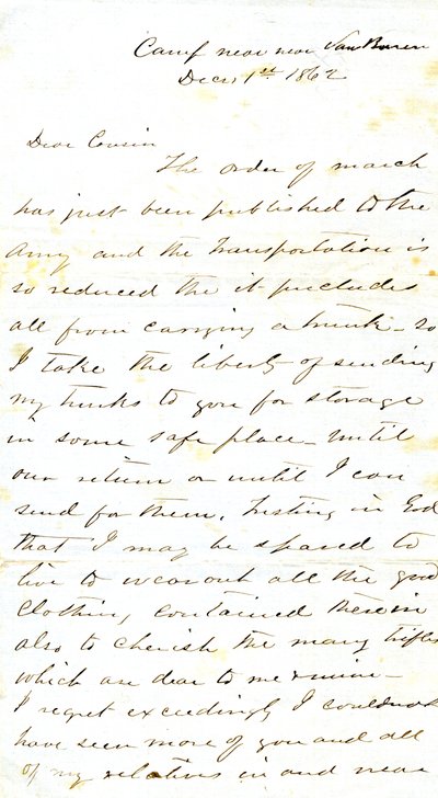 Brev underskrevet A.E. Steen, lejr nær Van Buren, til sin fætter fru Mary Walker, Van Buren, Ark., 1. december 1862 af Alexander Early Steen