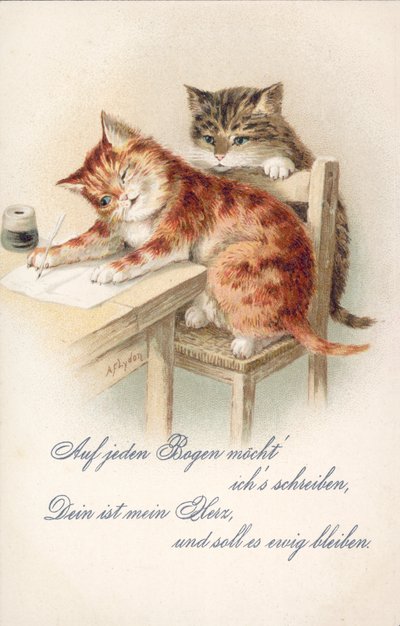 Humoristisk kattepostkort (farvelitografi) af Alexander Francis (after) Lydon