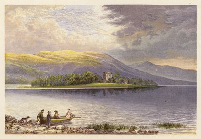 Skotsk Loch-landskab: Loch Leven (farvelitografi) af Alexander Francis (after) Lydon