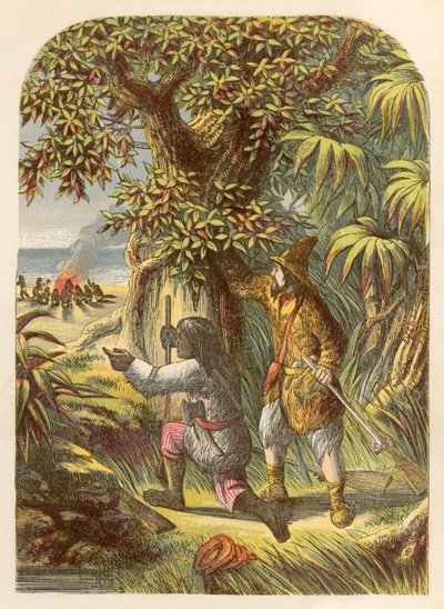 Robinson Crusoe og Friday angriber de vilde af Alexander Francis Lydon