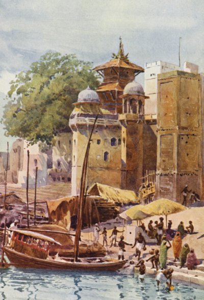The Bathing Ghats, Benares (farve litho) af Alexander Henry Hallam Murray