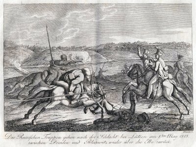 Russiske tropper går efter slaget ved Lutzen tilbage over Elben - Sauerweid, Alexander Ivanovich (1783-1844) - 1813 - Radering - 21x26 - Privat samling af Alexander Ivanovich Sauerweid