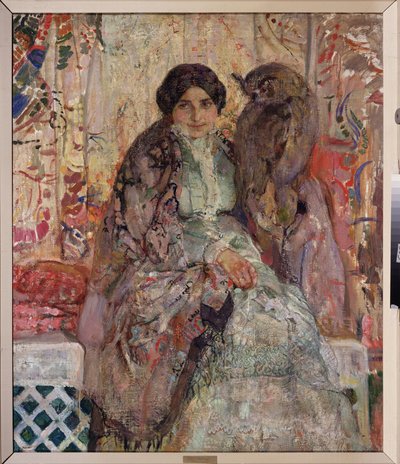 Kvinde med en ørneugle. Maleri af Alexander Ivanovich Savinov (1881-1942), olie på lærred af Alexander Ivanovich Savinov