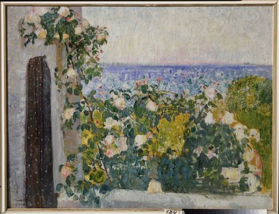Blomster på balkonen i Rom (Italien). Maleri af Alexander Ivanovich Savinov (1881-1942), olie på lærred af Alexander Ivanovich Savinov