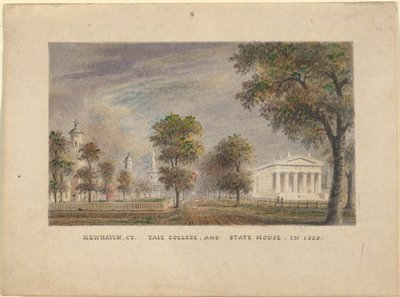 New Haven CT. Yale College og State House i 1830 af Alexander Jackson Davis