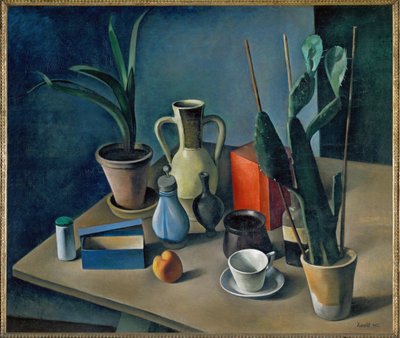 Grosses Stilleben mit Kruegen und roter Teedose, Stilleben med kander og rød tedåse (maleri på lærred) af Alexander Kanoldt