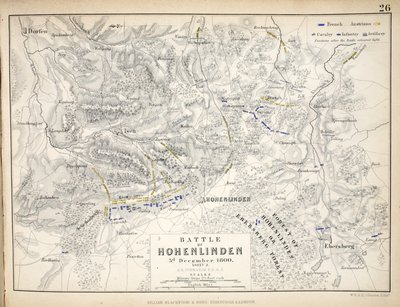 Kort over slaget ved Hohenlinden, udgivet af William Blackwood and Sons, Edinburgh og London, 1848 (håndfarvet gravering) af Alexander Keith Johnston