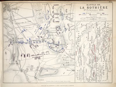 Kort over slaget ved La Rothiere, udgivet af William Blackwood and Sons, Edinburgh og London, 1848 (håndfarvet gravering) af Alexander Keith Johnston
