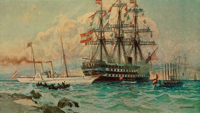 Den østrigske yacht Fantasie og linjeskibet Kaiser ... (maleri på lærred) af Alexander Kirchner