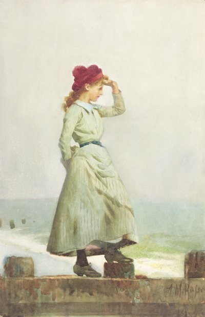 Ung pige på havvæg (akvarel på papir) af Alexander M. Rossi