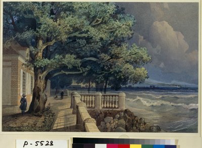 ""Udsigt over terrassen til Monplaisir-paladset, Peterhof-paladset"" (Terrasse i Monplaisir-paladset, Peterhof) Akvarel af Alexander Matveyevich Dorogov (1819-1850) 1847 State Hermitage, St. Petersburg (Eremitage Museum, Sankt Petersborg) af Alexander Matveyevich Dorogov