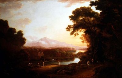 Italiensk landskab med dansende bønder (olie på lærred) af Alexander Nasmyth
