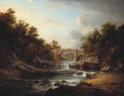 Udsigt over floden Almond, nær Edinburgh, med Almondell Bridge og en fisker af Alexander Nasmyth