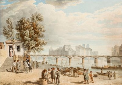 Vue de Paris - Pont des Arts (Frankrig) (Udsigt over Paris) - Værk af Alexander Pavlovich Briullov (Alexandre Brioullov) (1798-1877), akvarel på papir (21x30 cm), russisk kunst 1800-tallet, romantik - Privat samling af Alexander Pavlovich Briullov