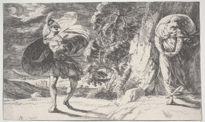 Fingal Encounters Carbon Carglass, først trykt ca. 1773 (ætsning) af Alexander Runciman