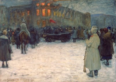 En brand ved det litauiske slot, februarrevolutionen 1917, Skt. Petersborg - Værk af Alexander Ivanovich Vakhrameyev (1874-1926), gouache på papir af Alexander Vakhrameyev