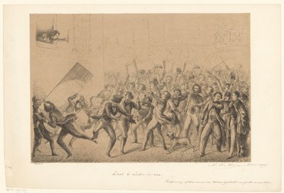 Jublende studerende hilser på deres idol Franz Liszt Liszt i Leiden i 184* (titel på objekt) Fra fortiden (serietitel) af Alexander Ver Huell (signed by artist)