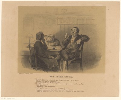 Mand og kvinder ved bordet Køkkenbogen (titel på objekt) af Alexander Ver Huell