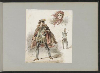 Mand i historisk kostume, en kvinde med tørklæde og en soldat af Alexander Ver Huell