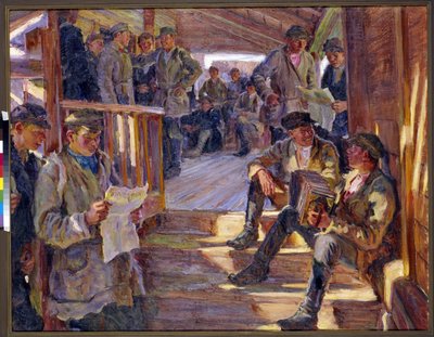Scene ved en russisk hærhvervningspost, hvor mænd taler, læser, spiller harmonika. (På en rekrutteringsstation). Maleri af Alexander Viktorovich Moravov (Alexander Victor) (1878-1951) af Alexander Viktorovich Moravov